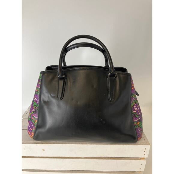 COACH F57630 BLACK SMOOTH LEATHER PURPLE FLORAL HANDBAG - Picture 3 of 16